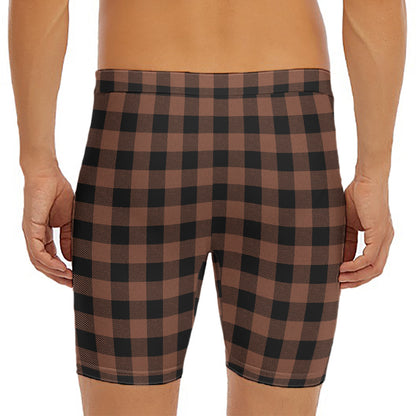 Brown And Black Buffalo Check Print Men's Long Boxer Briefs