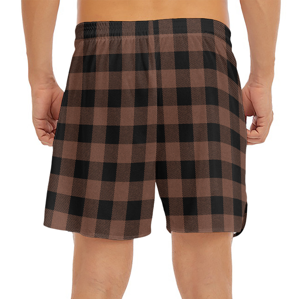 Brown And Black Buffalo Check Print Men's Split Running Shorts