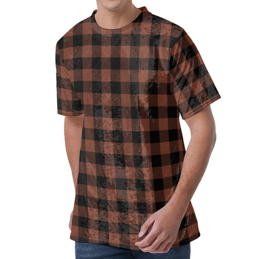 Brown And Black Buffalo Check Print Men's Velvet T-Shirt