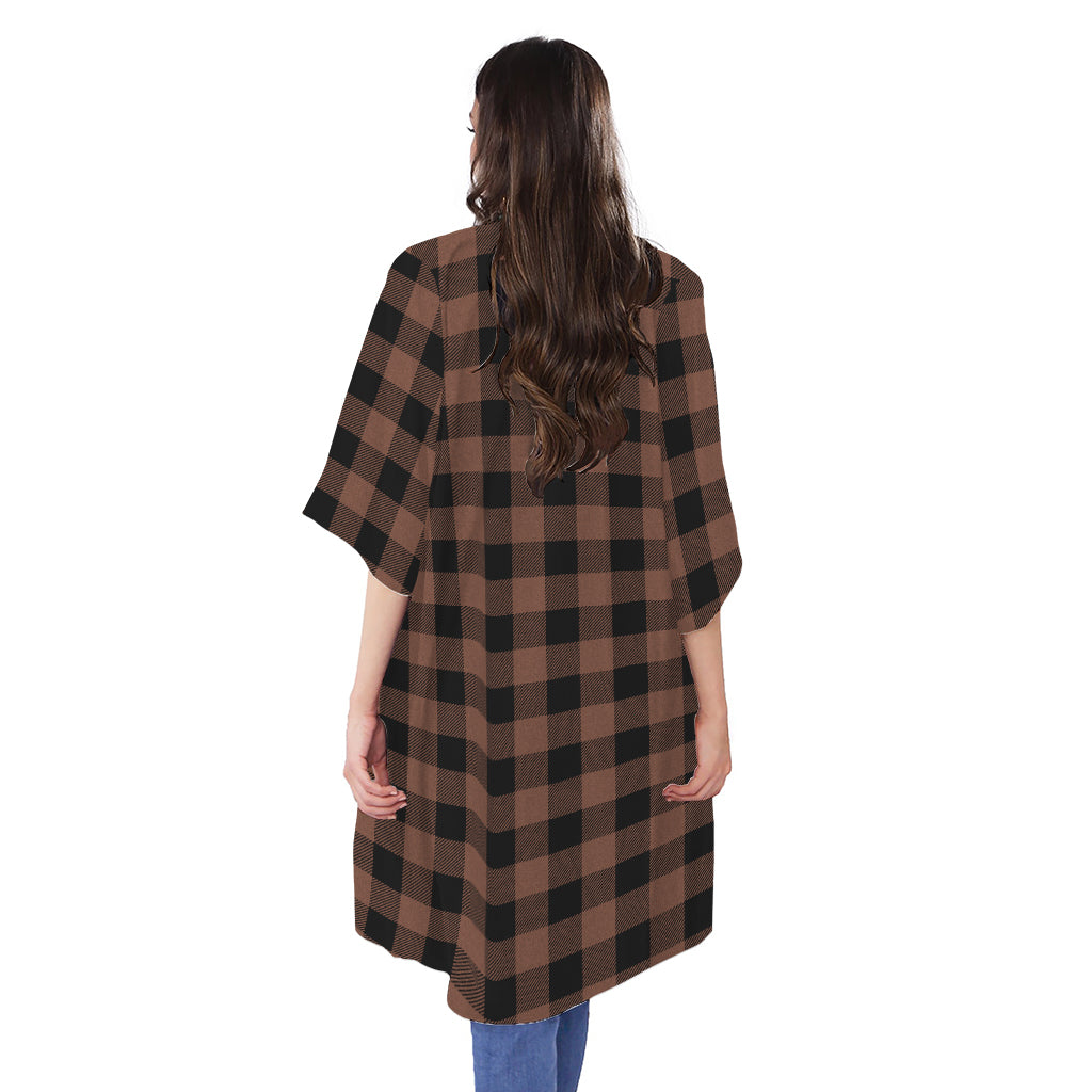 Brown And Black Buffalo Check Print Open Front Beach Cover Up