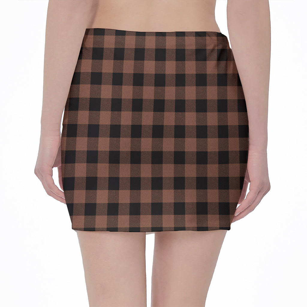 Brown And Black Buffalo Check Print Pencil Mini Skirt