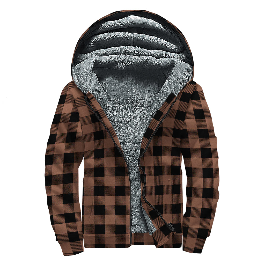 Brown And Black Buffalo Check Print Sherpa Lined Zip Up Hoodie