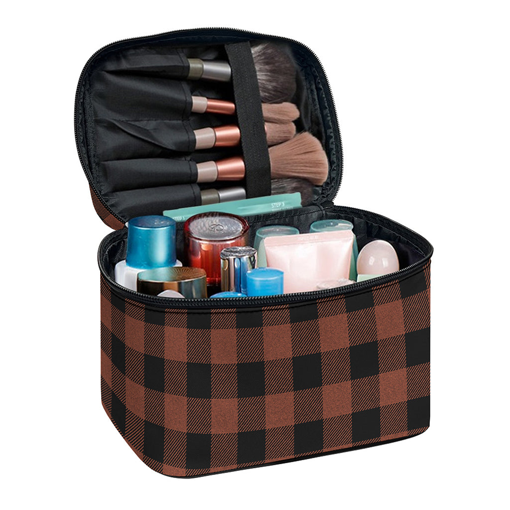 Brown And Black Buffalo Check Print Travel Makeup Bag