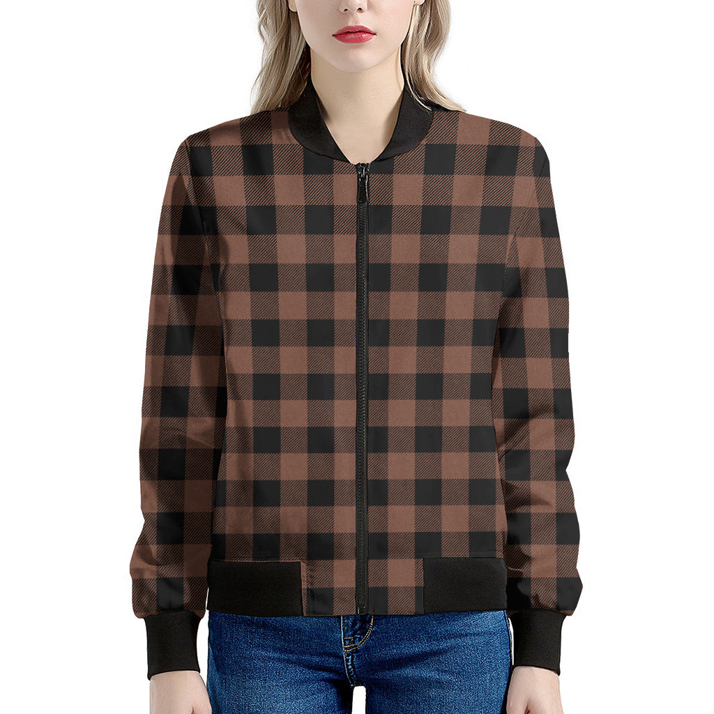 Brown And Black Buffalo Check Print Women's Bomber Jacket