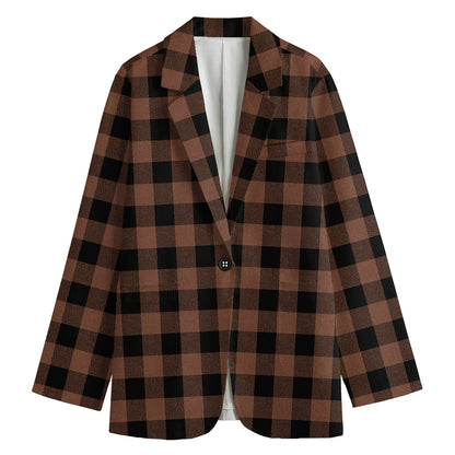 Brown And Black Buffalo Check Print Women's Cotton Blazer