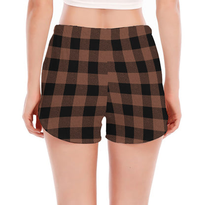 Brown And Black Buffalo Check Print Women's Split Running Shorts
