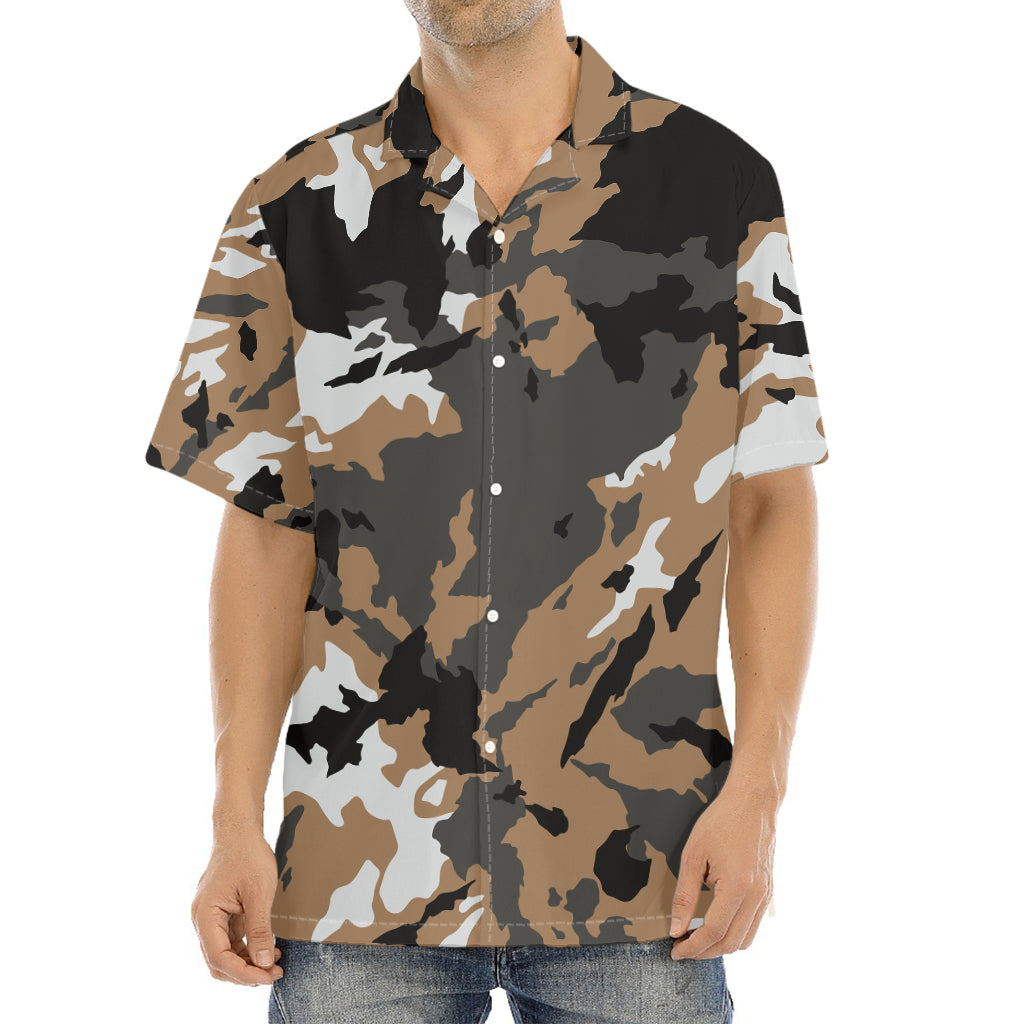 Brown And Black Camouflage Print Aloha Shirt