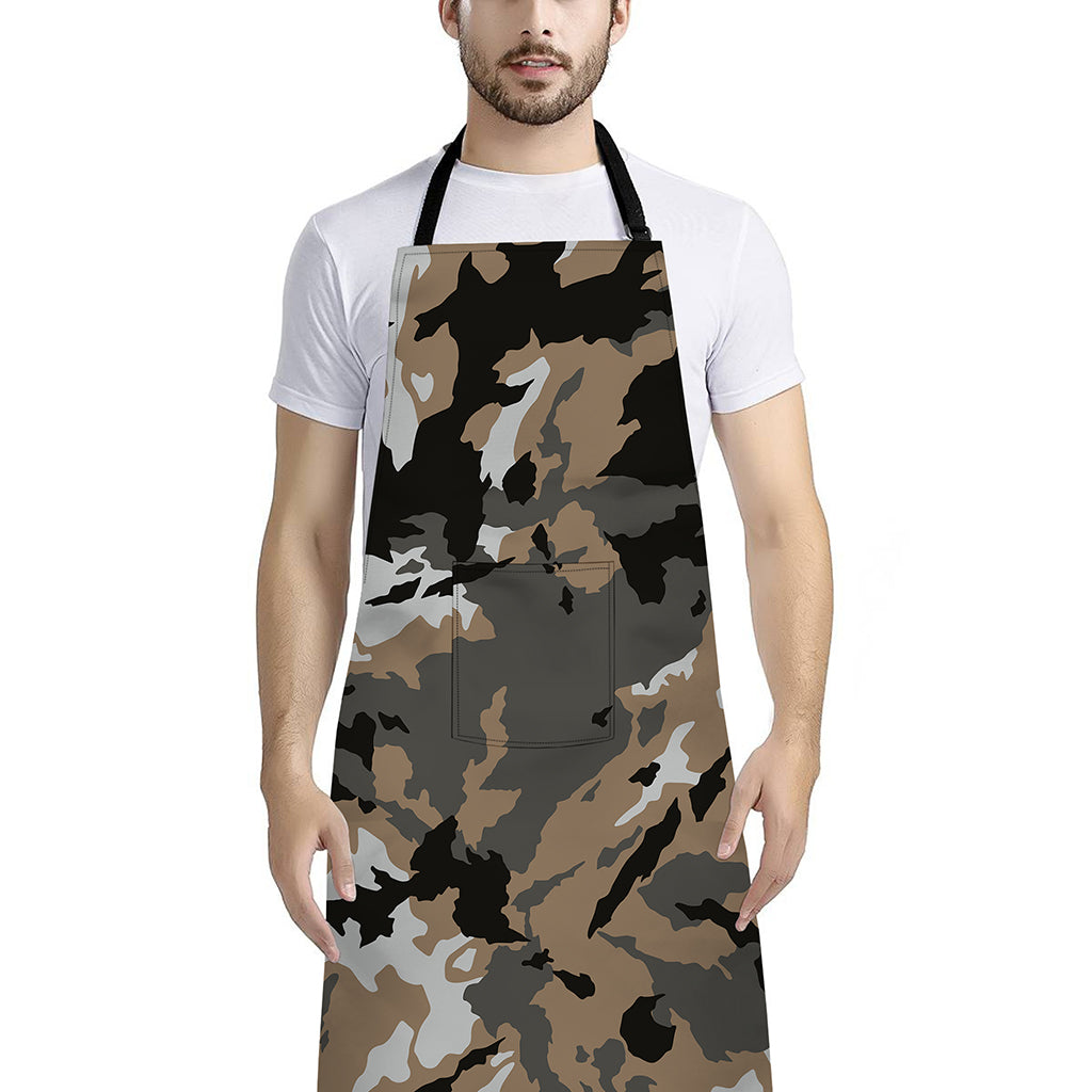 Brown And Black Camouflage Print Bib Apron With Pocket