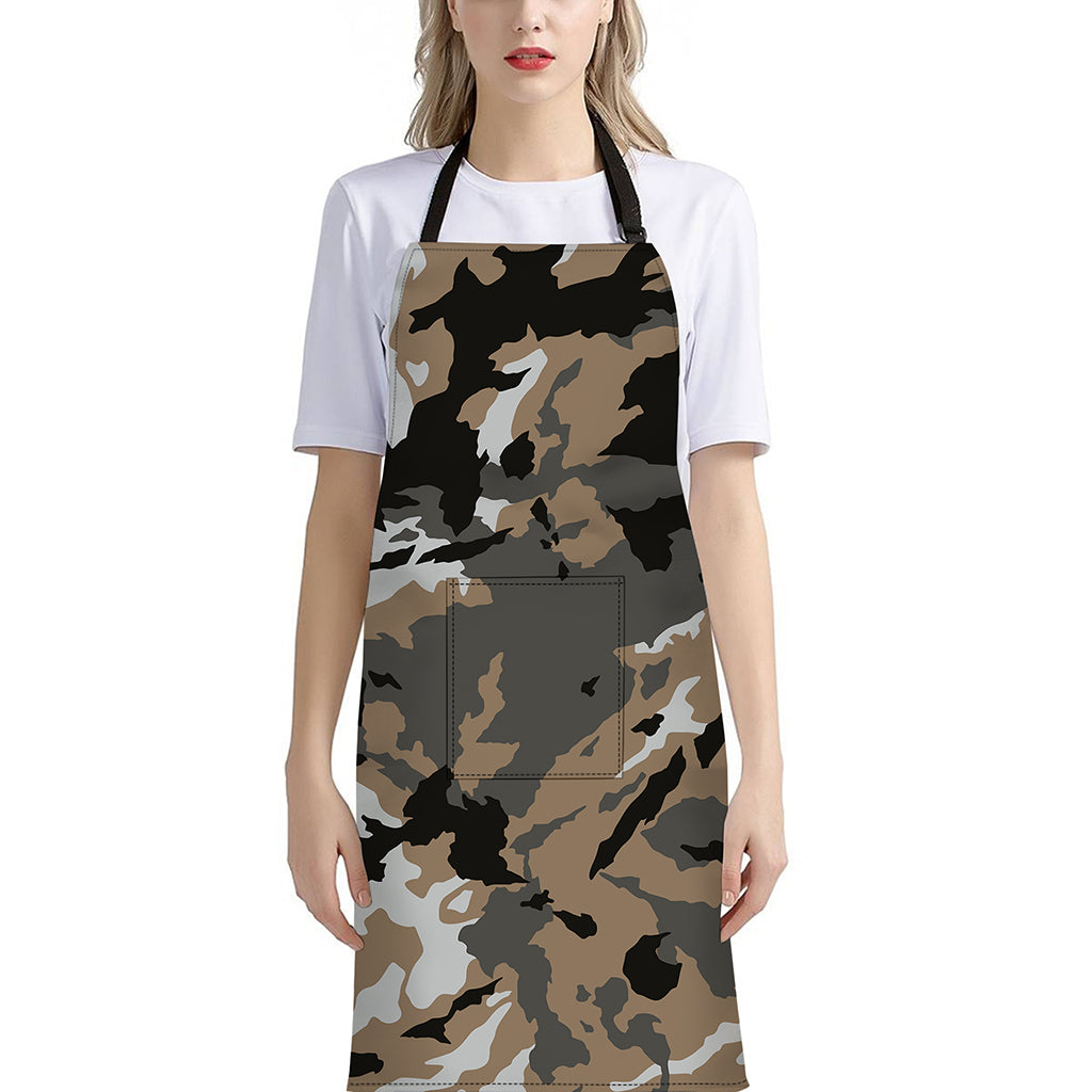 Brown And Black Camouflage Print Bib Apron With Pocket