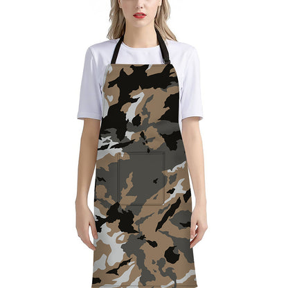 Brown And Black Camouflage Print Bib Apron With Pocket