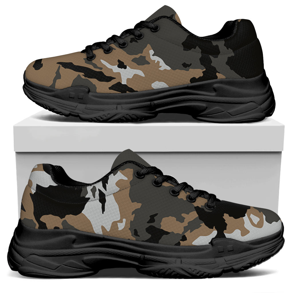Brown And Black Camouflage Print Black Chunky Shoes