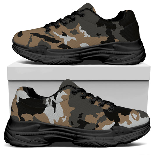 Brown And Black Camouflage Print Black Chunky Shoes
