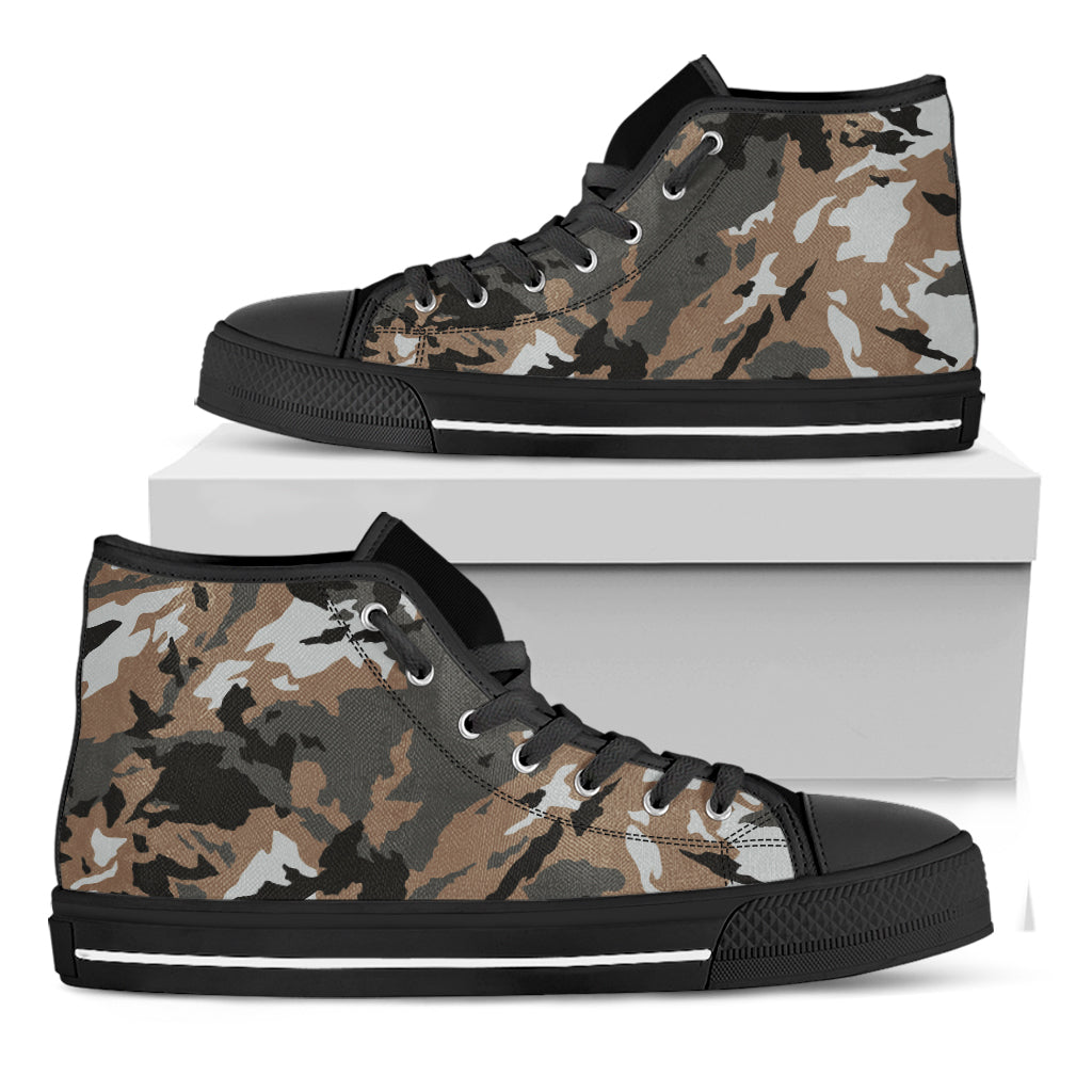 Brown And Black Camouflage Print Black High Top Sneakers