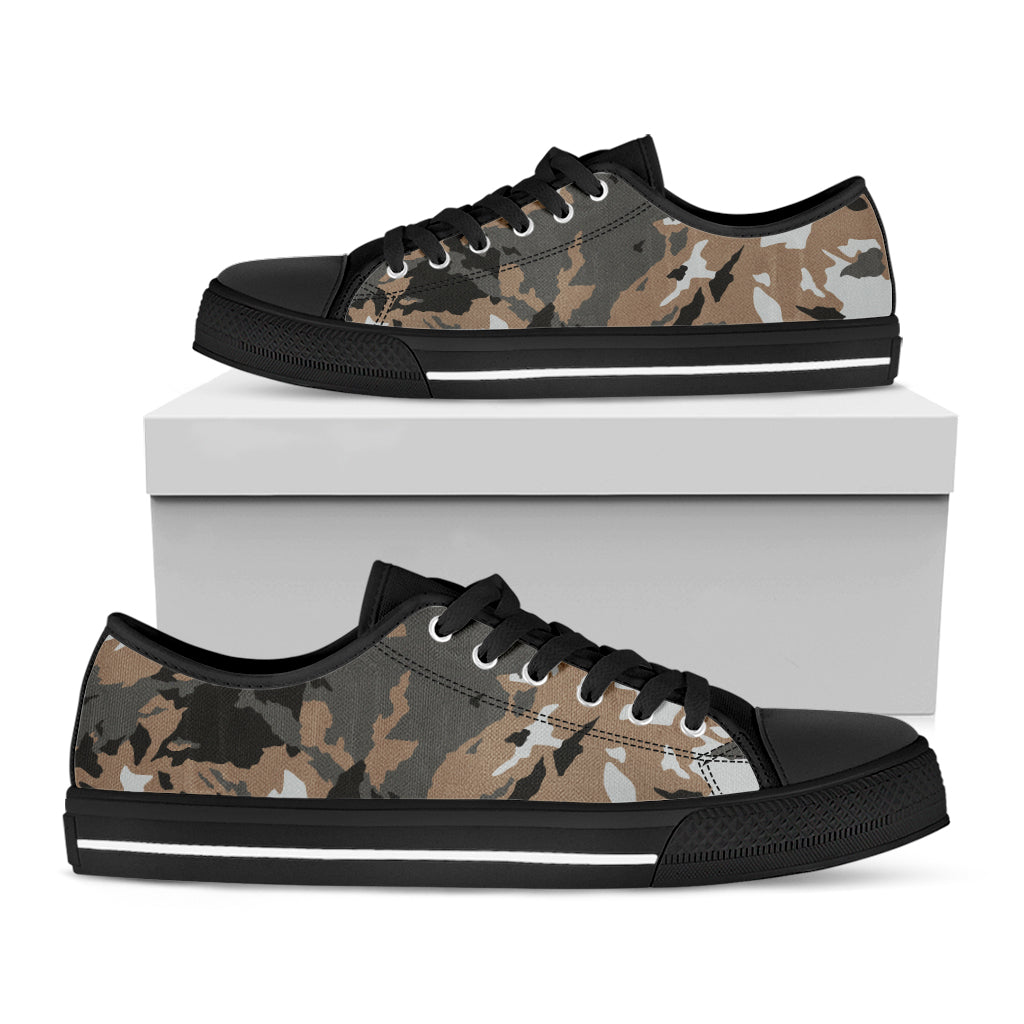 Brown And Black Camouflage Print Black Low Top Sneakers