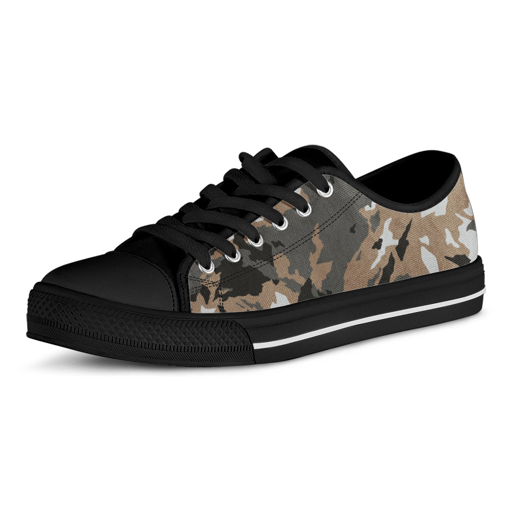 Brown And Black Camouflage Print Black Low Top Sneakers
