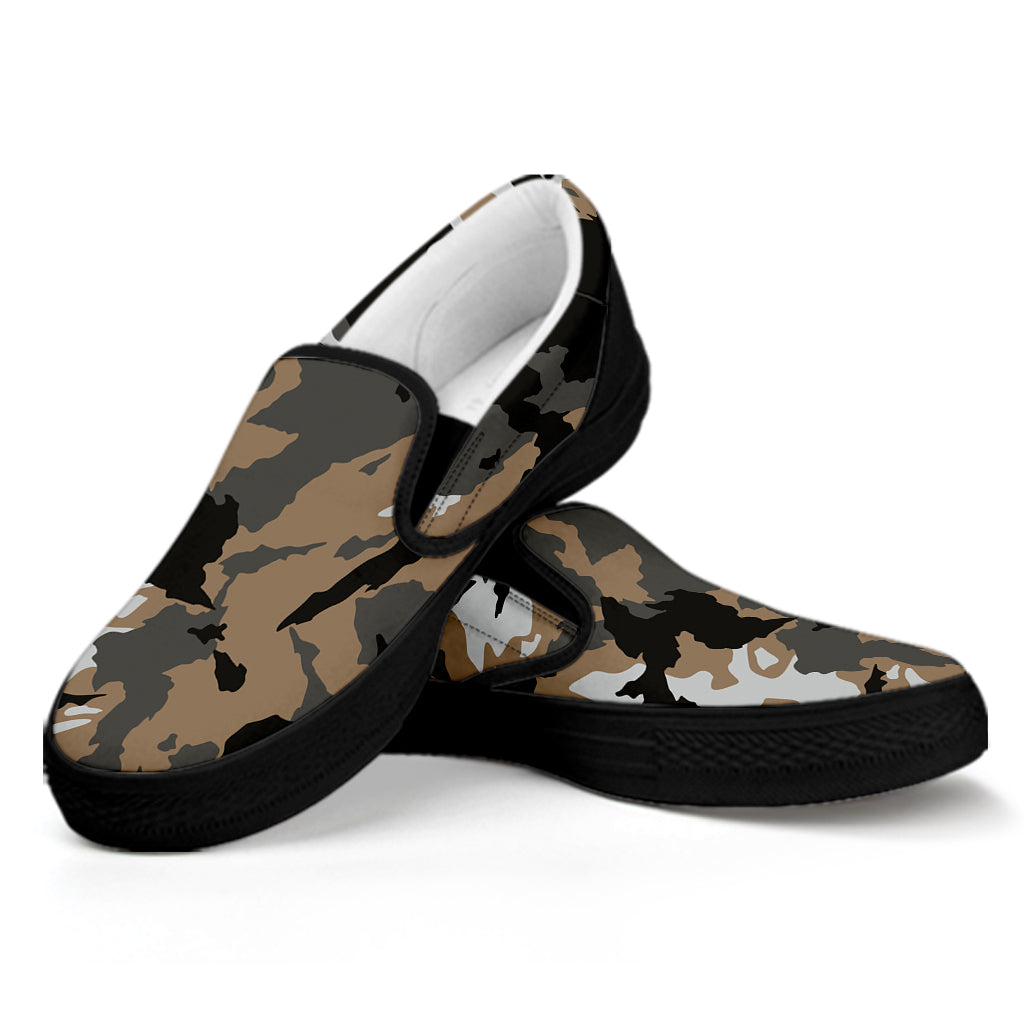 Brown And Black Camouflage Print Black Slip On Sneakers