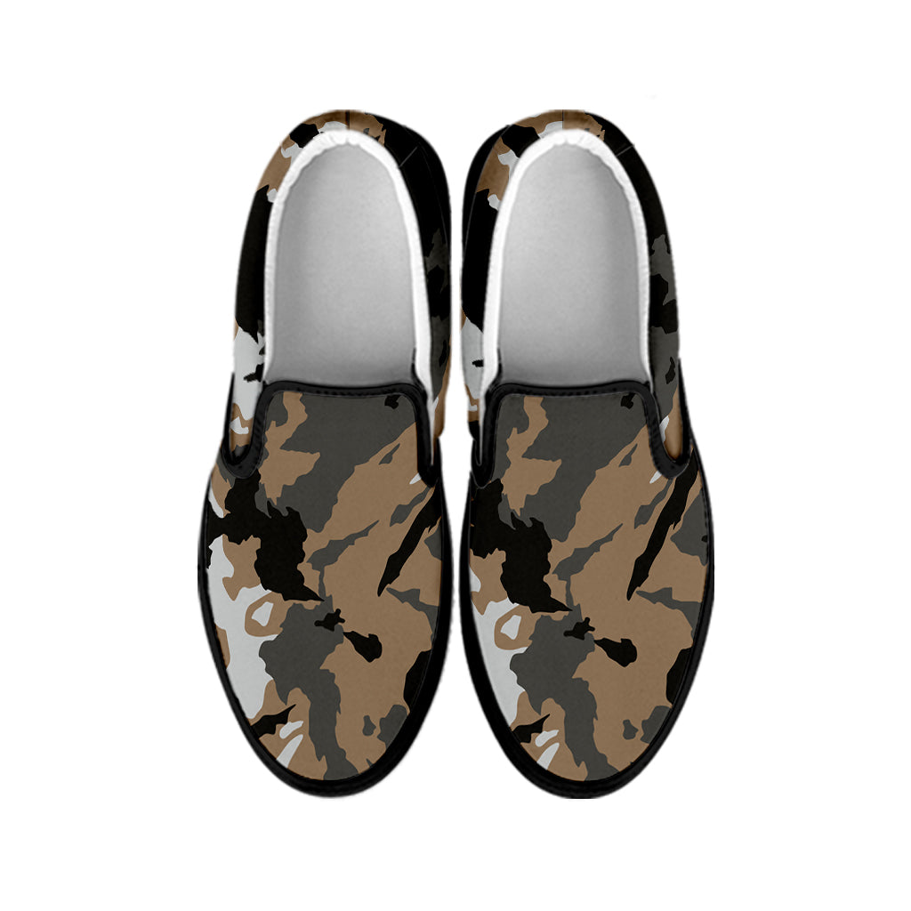 Brown And Black Camouflage Print Black Slip On Sneakers
