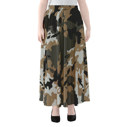 Brown And Black Camouflage Print Chiffon Maxi Skirt