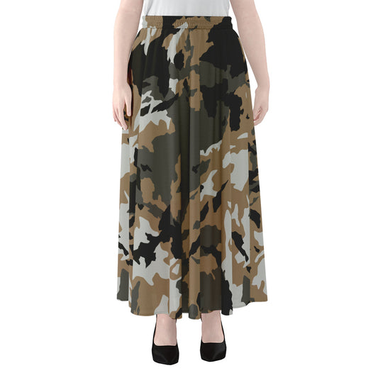 Brown And Black Camouflage Print Chiffon Maxi Skirt