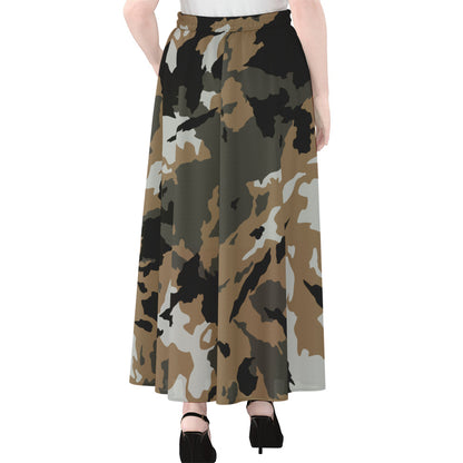 Brown And Black Camouflage Print Chiffon Maxi Skirt