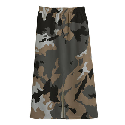 Brown And Black Camouflage Print Cotton Front Slit Maxi Skirt