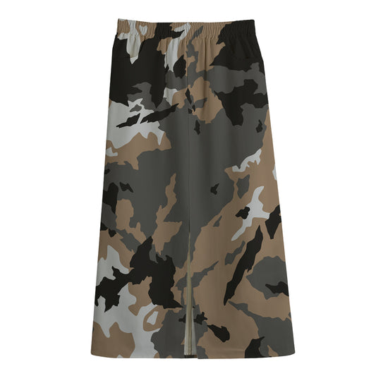 Brown And Black Camouflage Print Cotton Front Slit Maxi Skirt