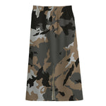 Brown And Black Camouflage Print Cotton Front Slit Maxi Skirt
