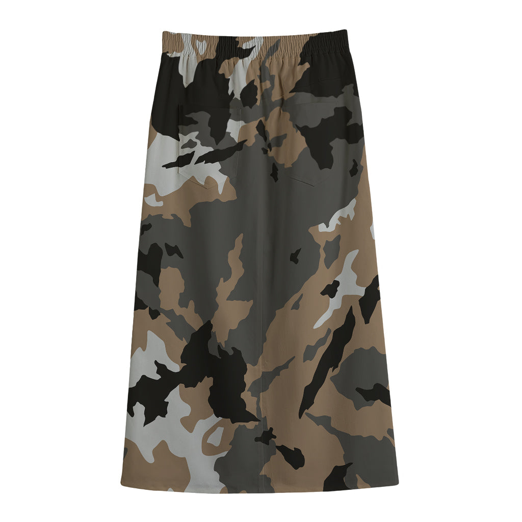 Brown And Black Camouflage Print Cotton Front Slit Maxi Skirt