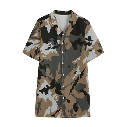 Brown And Black Camouflage Print Cotton Hawaiian Shirt