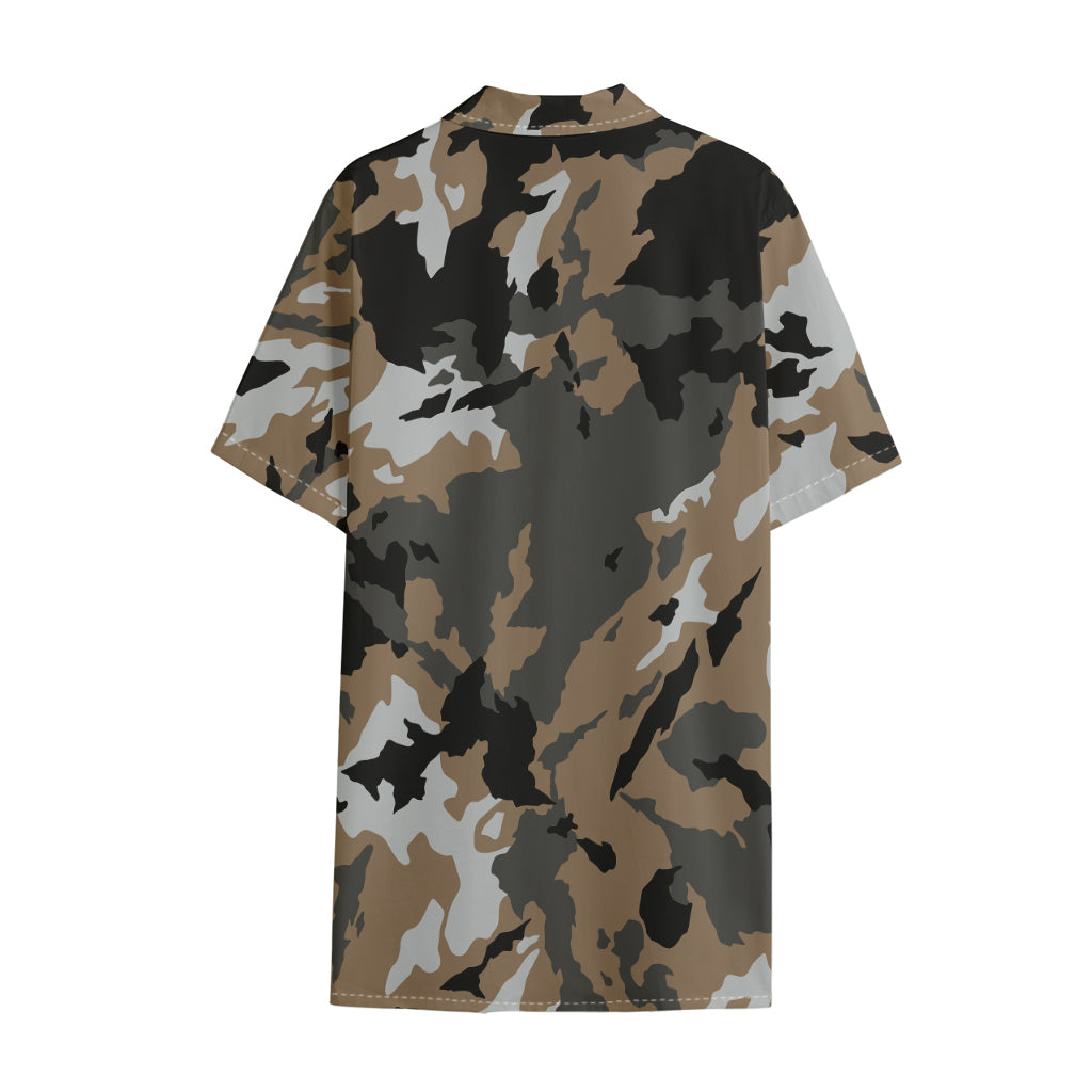 Brown And Black Camouflage Print Cotton Hawaiian Shirt