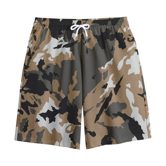 Brown And Black Camouflage Print Cotton Shorts