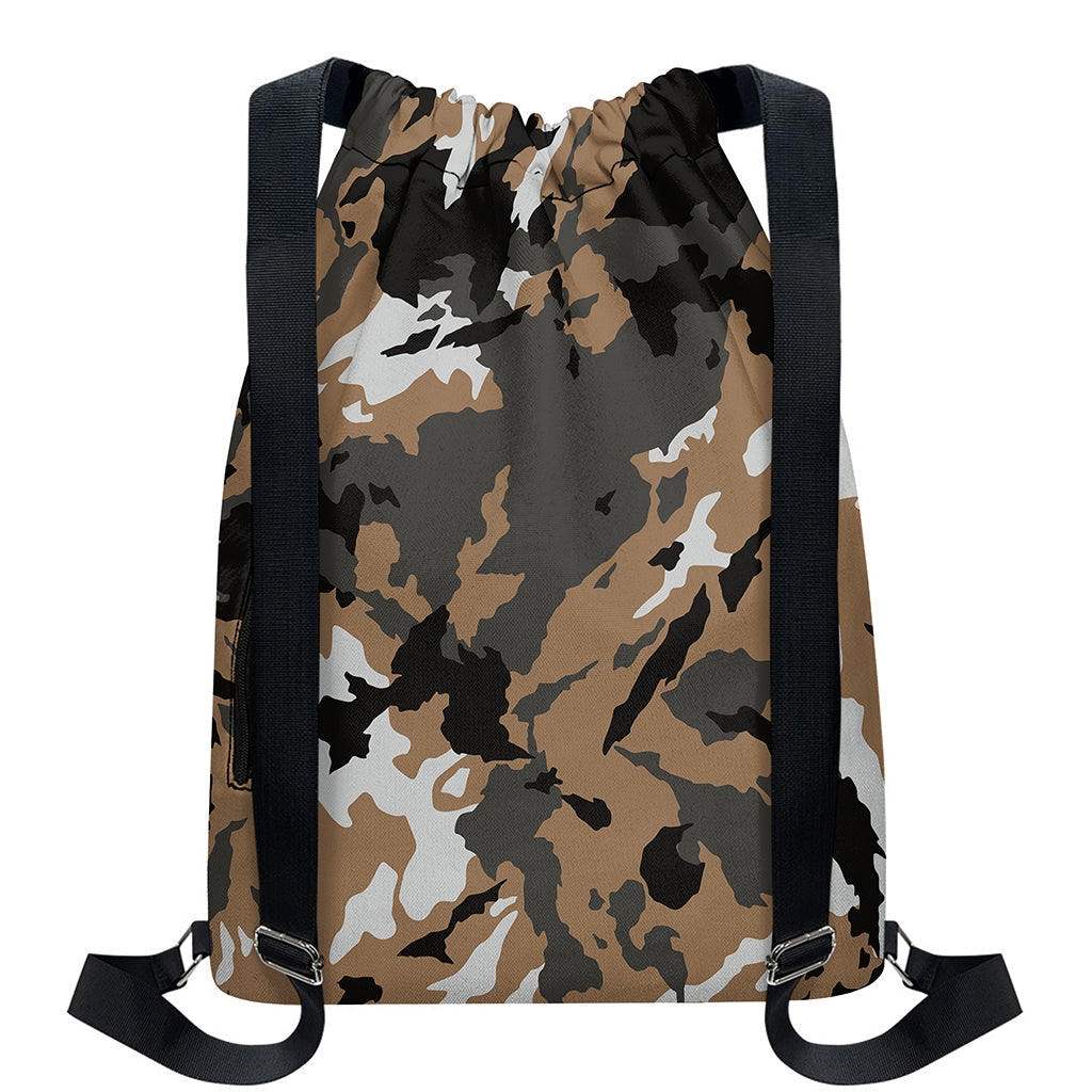 Brown And Black Camouflage Print Drawstring Backpack