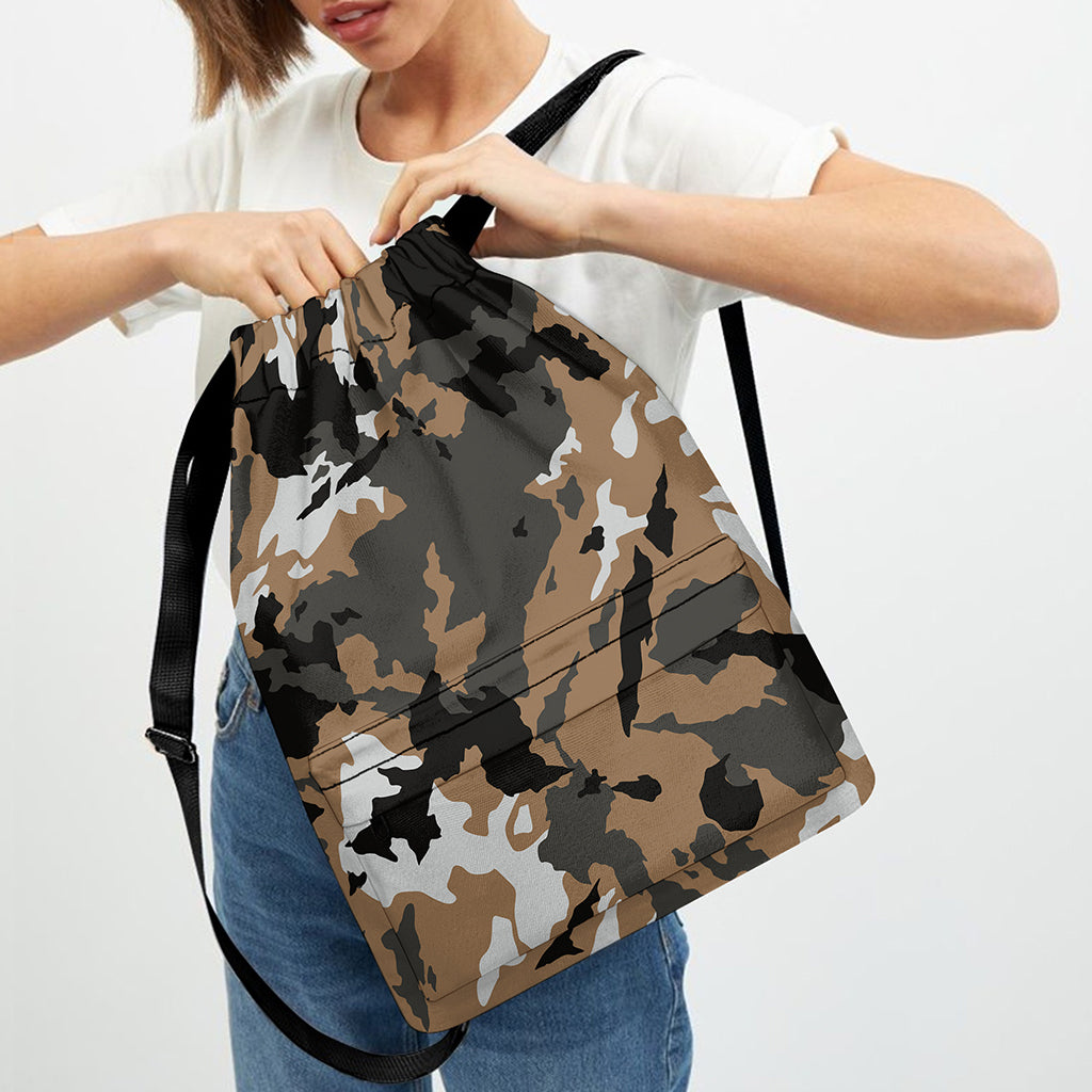 Brown And Black Camouflage Print Drawstring Backpack