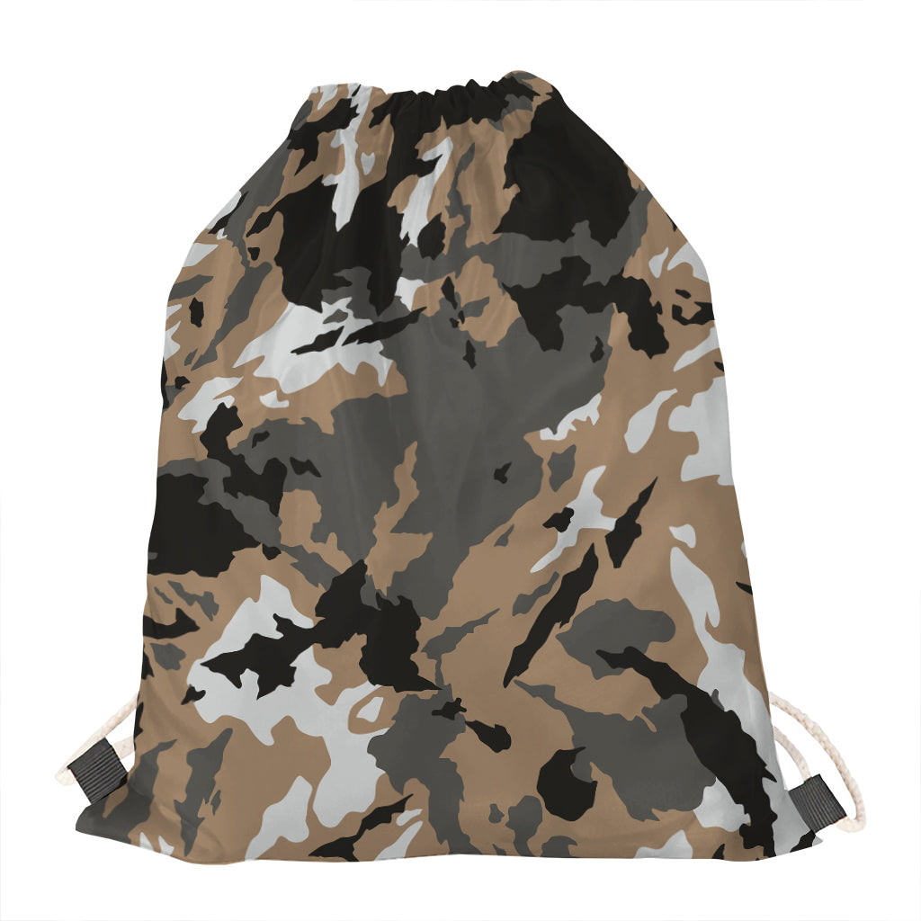Brown And Black Camouflage Print Drawstring Bag