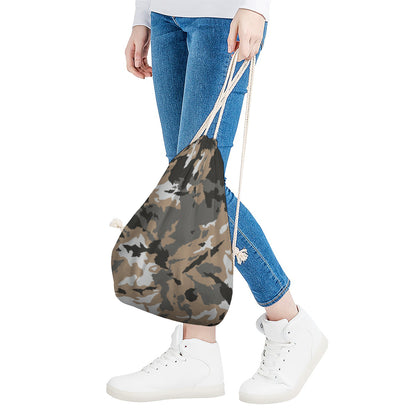 Brown And Black Camouflage Print Drawstring Bag