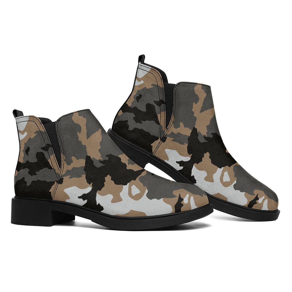 Brown And Black Camouflage Print Flat Ankle Boots