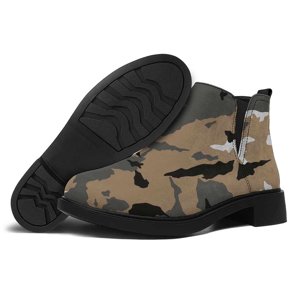 Brown And Black Camouflage Print Flat Ankle Boots