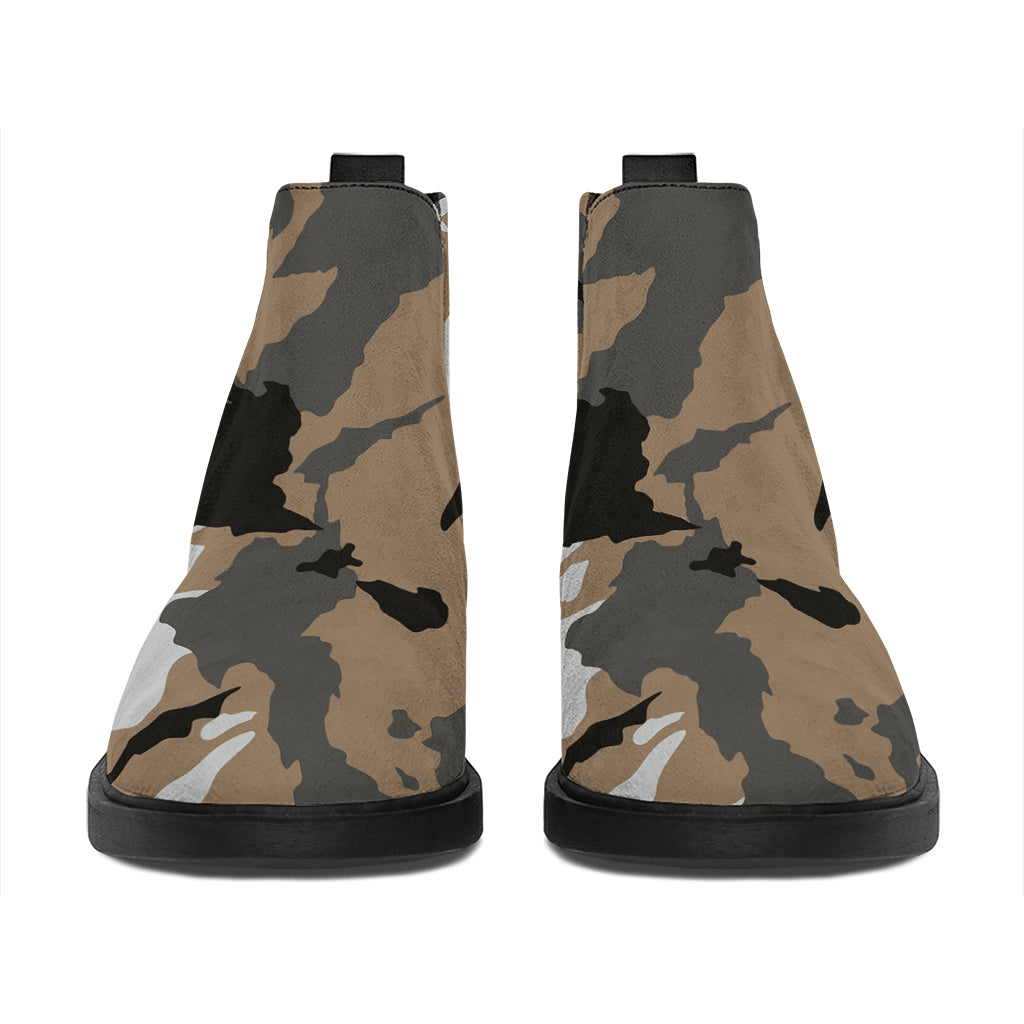 Brown And Black Camouflage Print Flat Ankle Boots