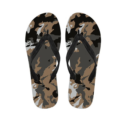 Brown And Black Camouflage Print Flip Flops