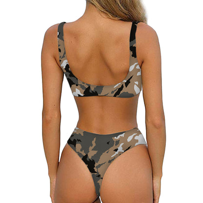 Brown And Black Camouflage Print Front Bow Tie Bikini