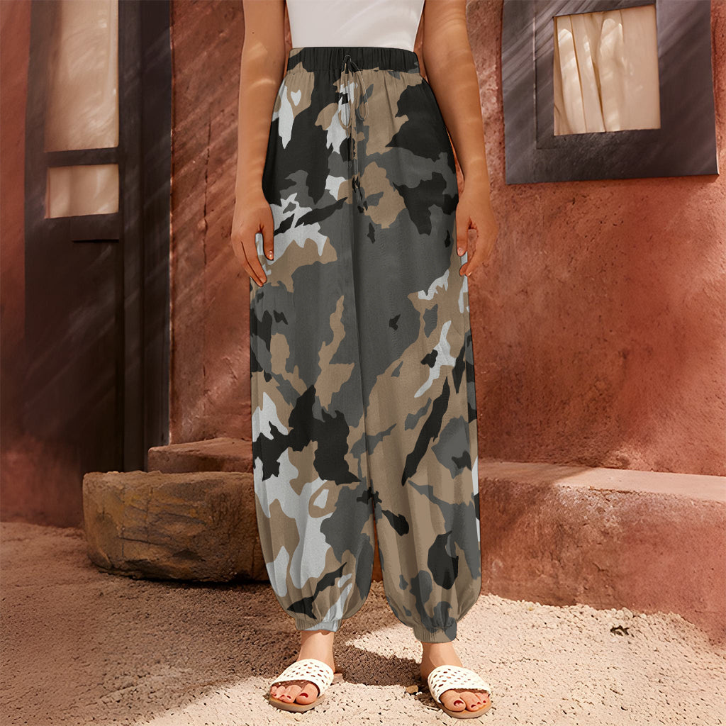 Brown And Black Camouflage Print Harem Pants