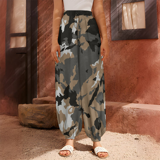 Brown And Black Camouflage Print Harem Pants