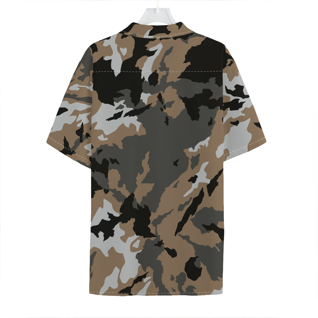 Brown And Black Camouflage Print Hawaiian Shirt