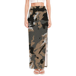 Brown And Black Camouflage Print High Slit Maxi Skirt