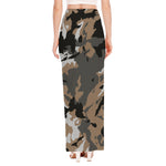 Brown And Black Camouflage Print High Slit Maxi Skirt