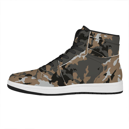 Brown And Black Camouflage Print High Top Leather Sneakers