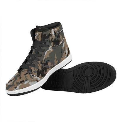 Brown And Black Camouflage Print High Top Leather Sneakers