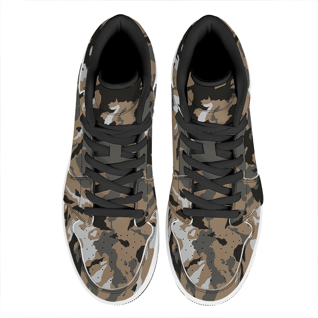 Brown And Black Camouflage Print High Top Leather Sneakers
