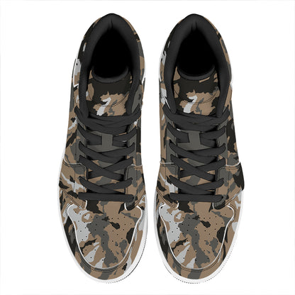 Brown And Black Camouflage Print High Top Leather Sneakers