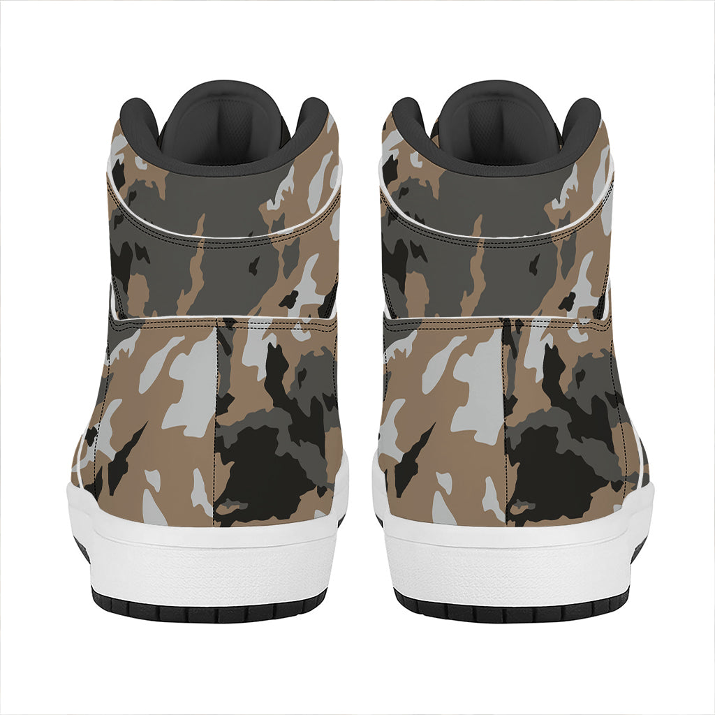 Brown And Black Camouflage Print High Top Leather Sneakers